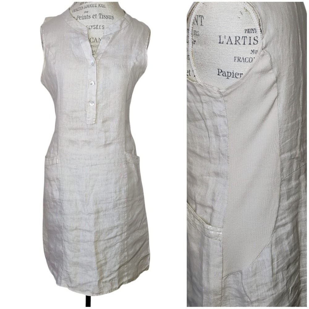 Blu Orchid Italy Linen Dress Beige Womens Small Pockets Minimalist‎ Coastal
